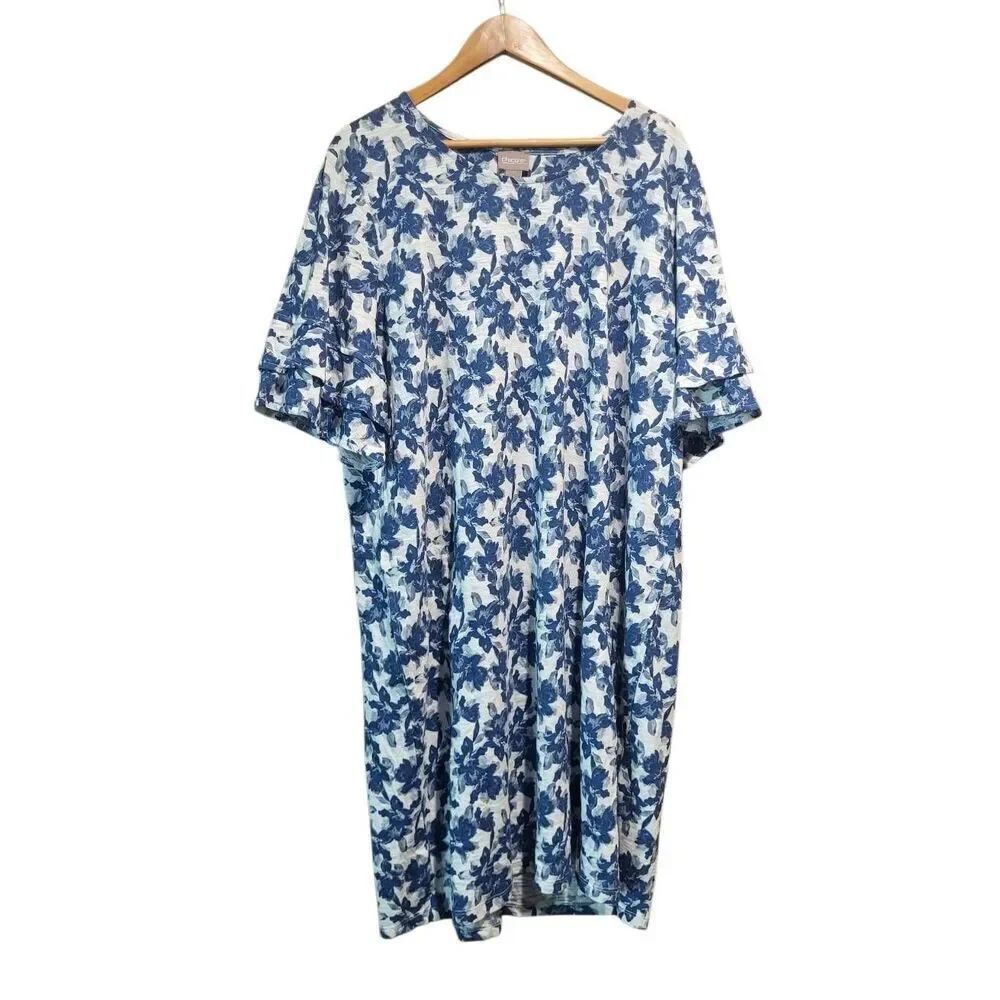 NWT Chico's Dress Women's XXL Blue Floral Ruffle Sleeve Cotton Modal At Knee